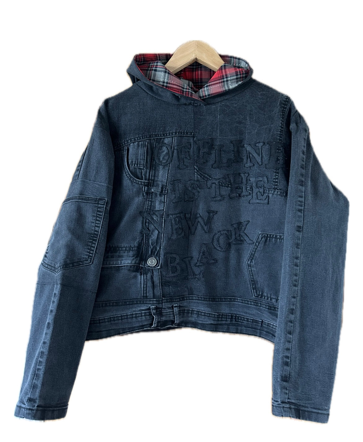 "Offline is the new black" Upcycled Denim Hoodie